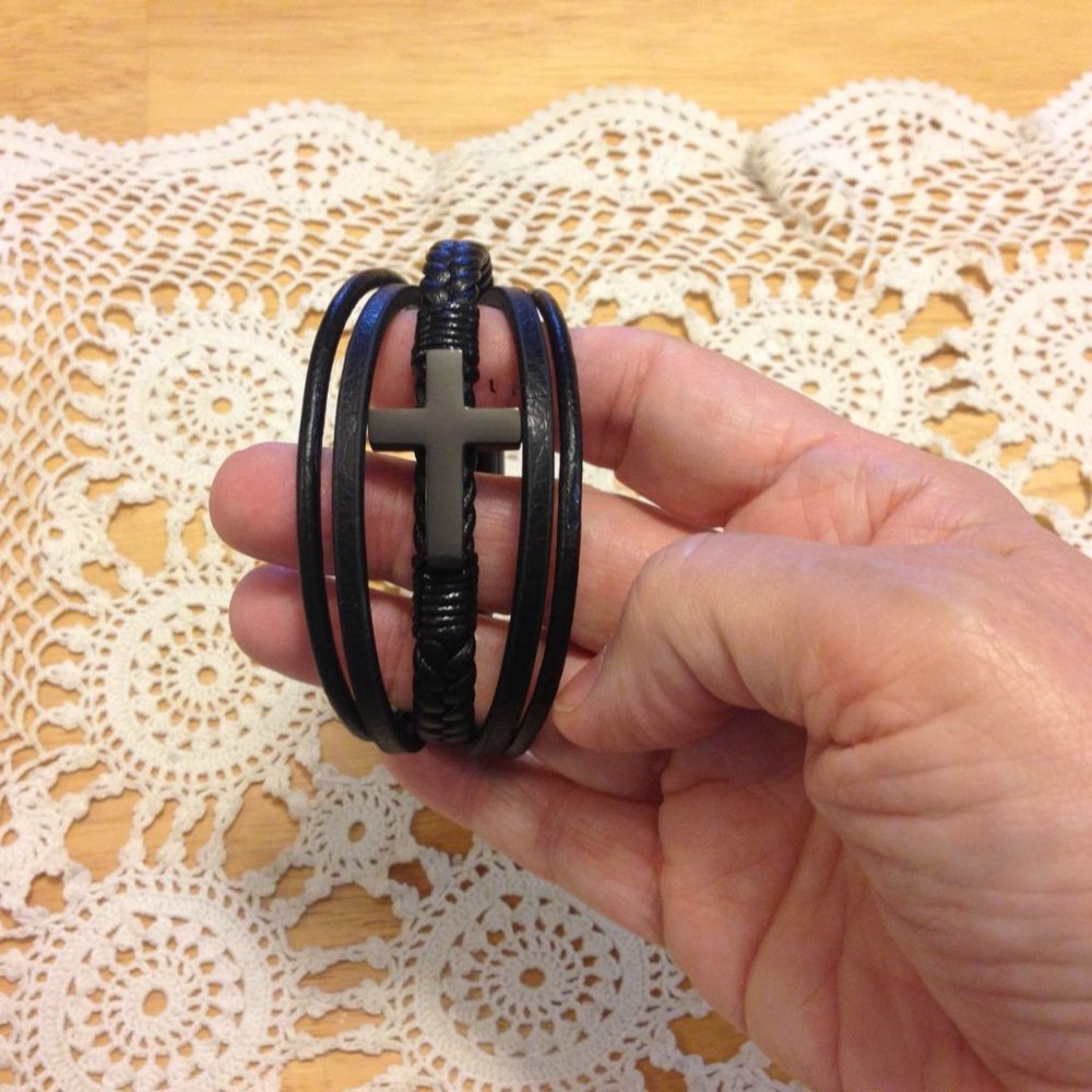 Black Leather Cross Bracelet, New